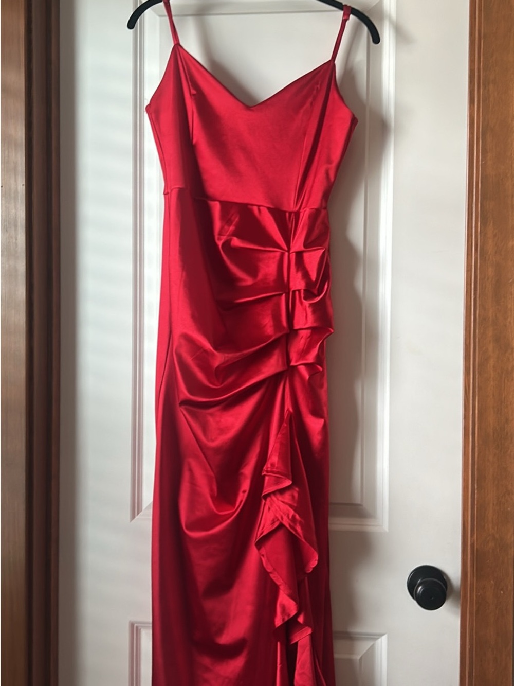 Satin Red Spaghetti Straps V-Neck Ruffle Slit Gown